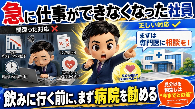急に仕事ができなくなった社員は、精神疾患かもしれません。飲みに連れて行く前に、病院を勧めてください。